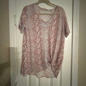 Pink & grey snake print knit top; v-neck; Medium